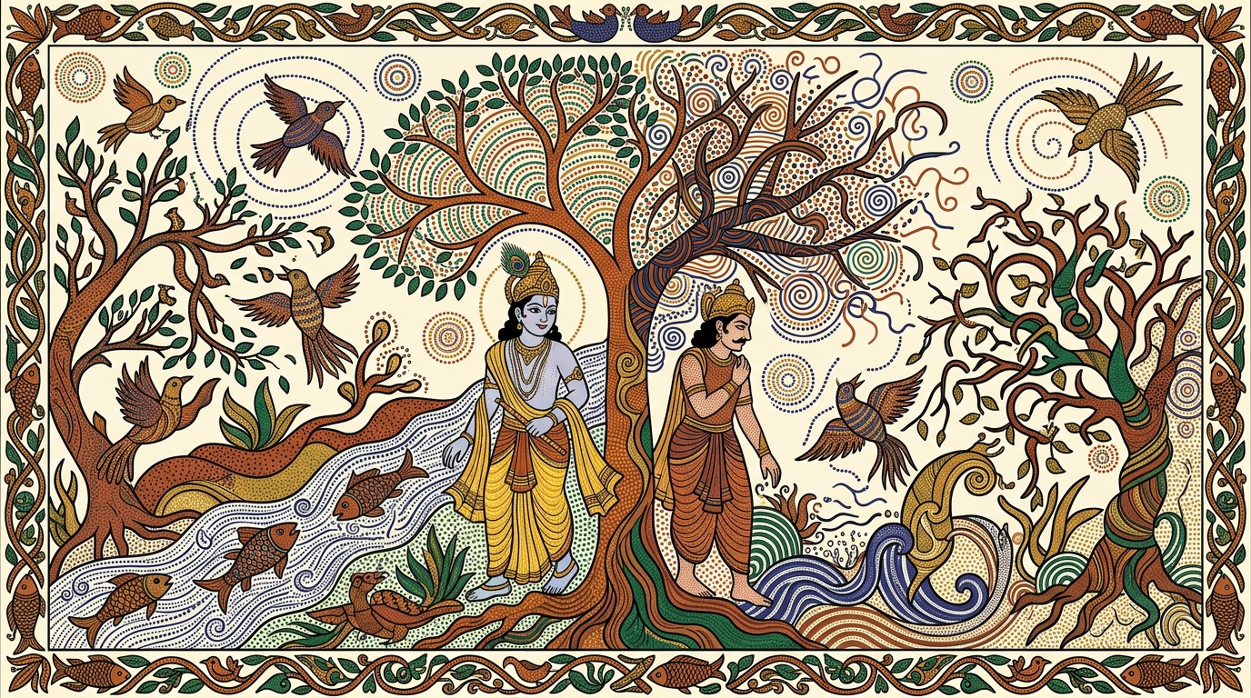 Gond-style painting of a sleepless boy watching a spinning top wobble and fall, illustrating Krishna's teaching that without discipline there is no wisdom, no meditation, and no peace.