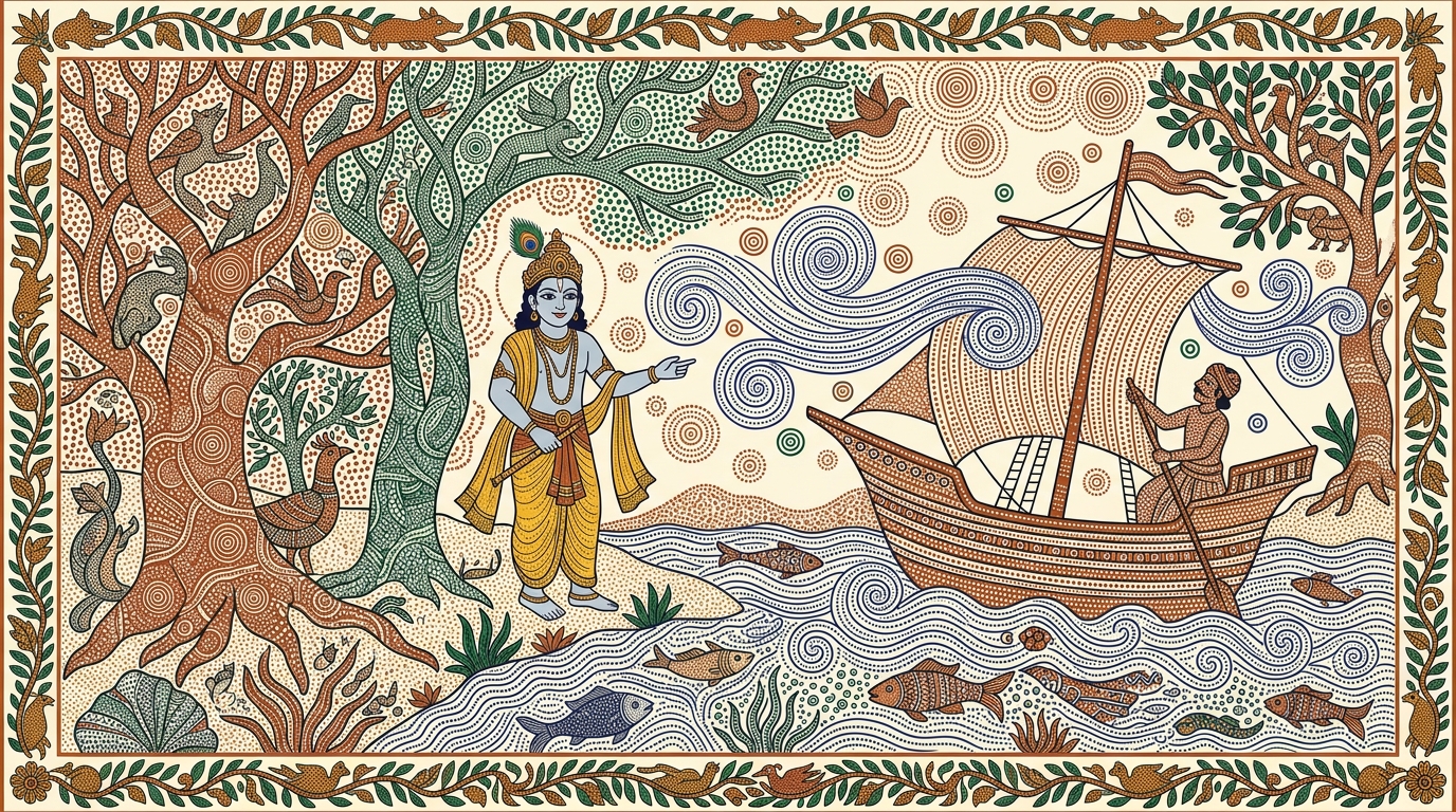 Gond-style painting of an old sailing ship on the Arabian Sea with its captain struggling as the wind blows it off course, illustrating how wandering senses carry away wisdom.