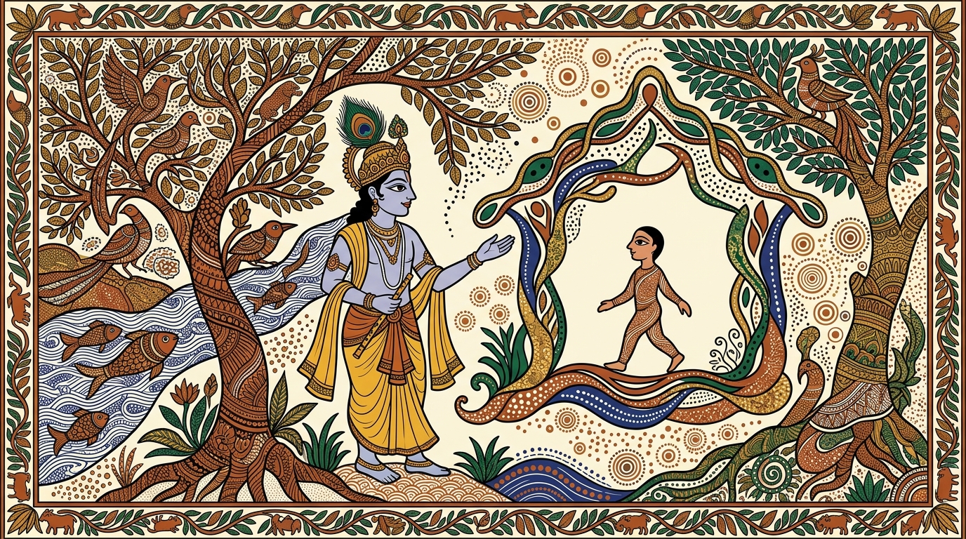 Gond-style painting of a grandmother's painting studio, freshly cleaned and free of clutter, illustrating the person who moves without craving, ego, or possessiveness and attains peace.