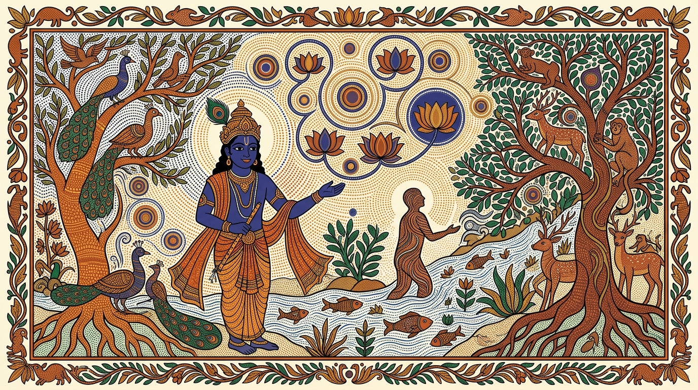 Gond-style painting of Krishna's voice going quiet as the teaching reaches its conclusion, the battlefield still around them — illustrating the state of Brahman from which one never returns to delusion.