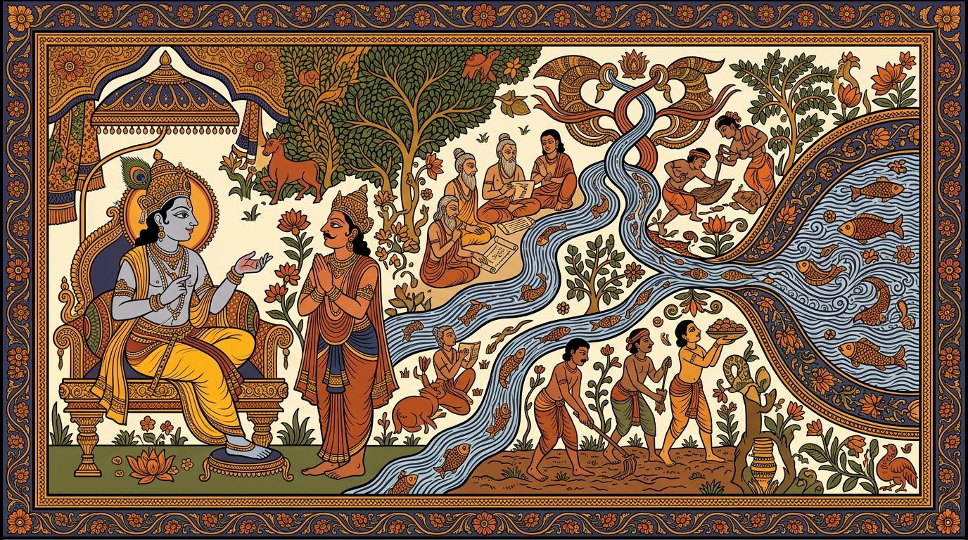 Pattachitra-style painting of Krishna smiling warmly as he explains that there are two ancient paths — the path of knowledge and the path of selfless action — like two rivers leading to the same sea.