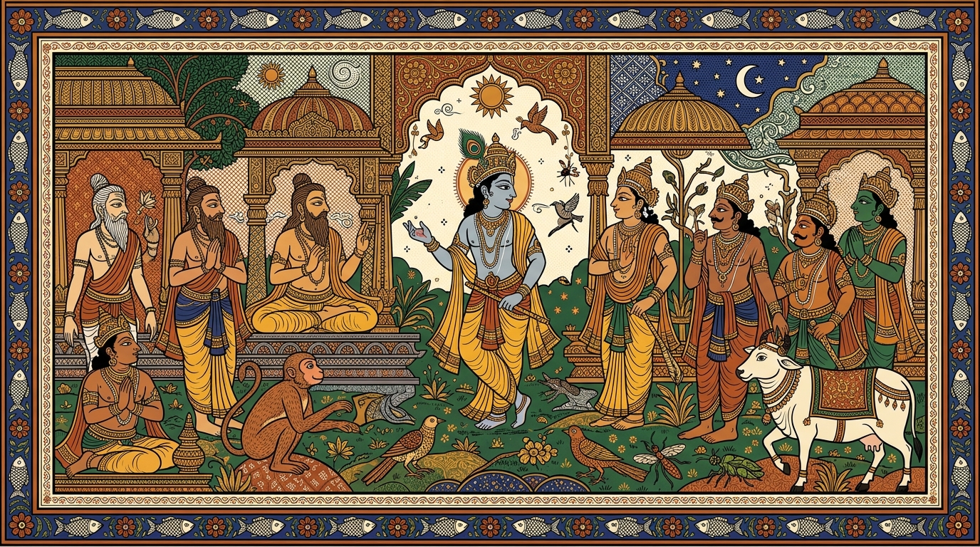Pattachitra-style painting of Krishna raising his hand and sweeping it across the battlefield, showing that nature itself forces every being to act — nothing can remain still for even a moment.