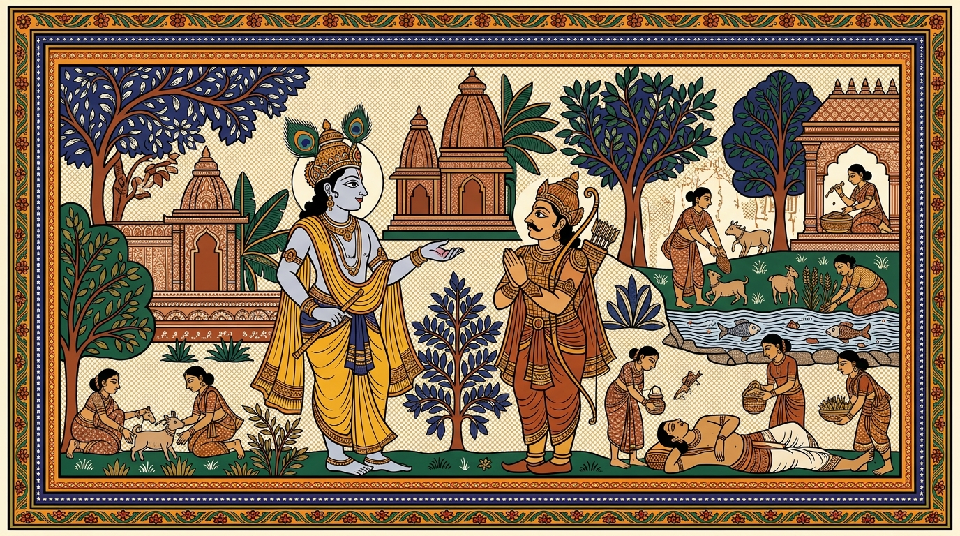 Pattachitra-style painting of an alarm clock that did not go off and a morning of scrambling to catch up, illustrating Krishna's command that action is always better than inaction.