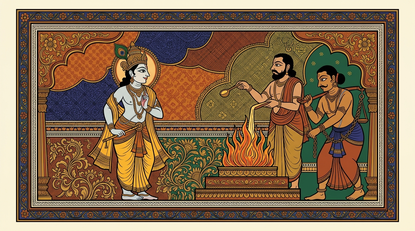 Pattachitra-style painting of a sacred fire burning for three days as ghee is poured into the flames, illustrating how selfless work offered as sacrifice sets a person free.