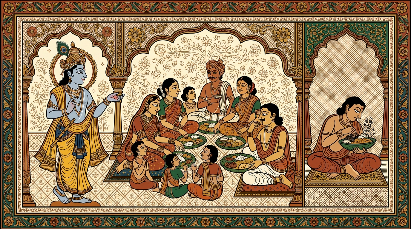 Pattachitra-style painting of a small ashram beside the Ganga where good people eat only after sharing, illustrating that selfless people who serve the last plate are freed from wrongdoing.