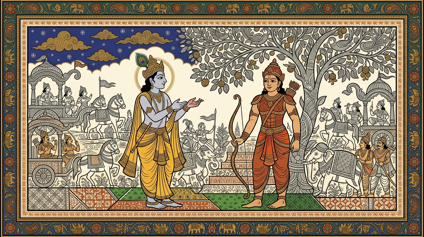 Pattachitra-style painting of storm-damaged boats on Puri beach after a Tuesday night tempest, illustrating Krishna's instruction to always do the work that needs doing without clinging to results.