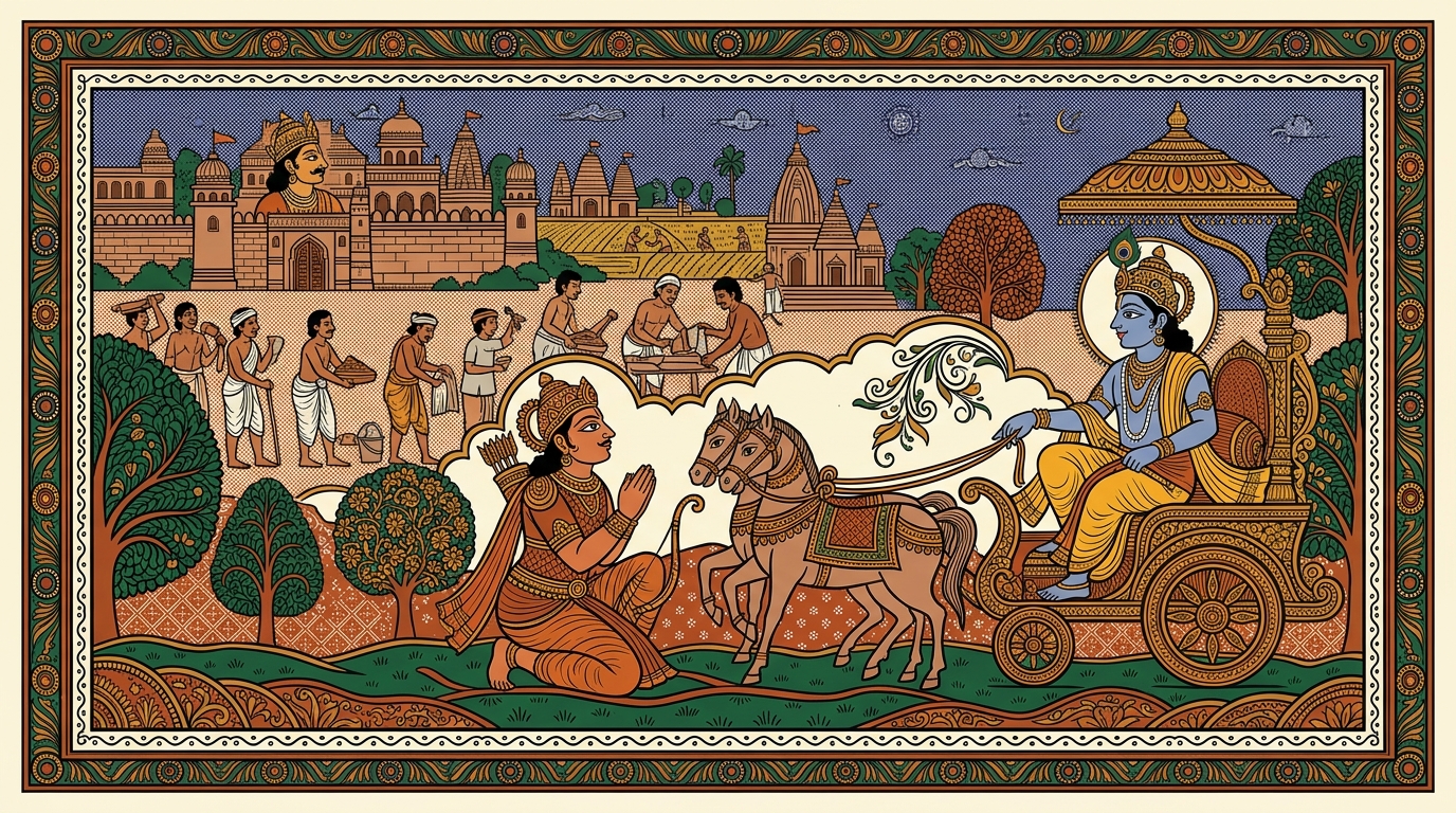 Pattachitra-style painting of King Janaka ruling the kingdom of Videha with wisdom and compassion, illustrating how great rulers reached perfection through selfless action, not withdrawal.