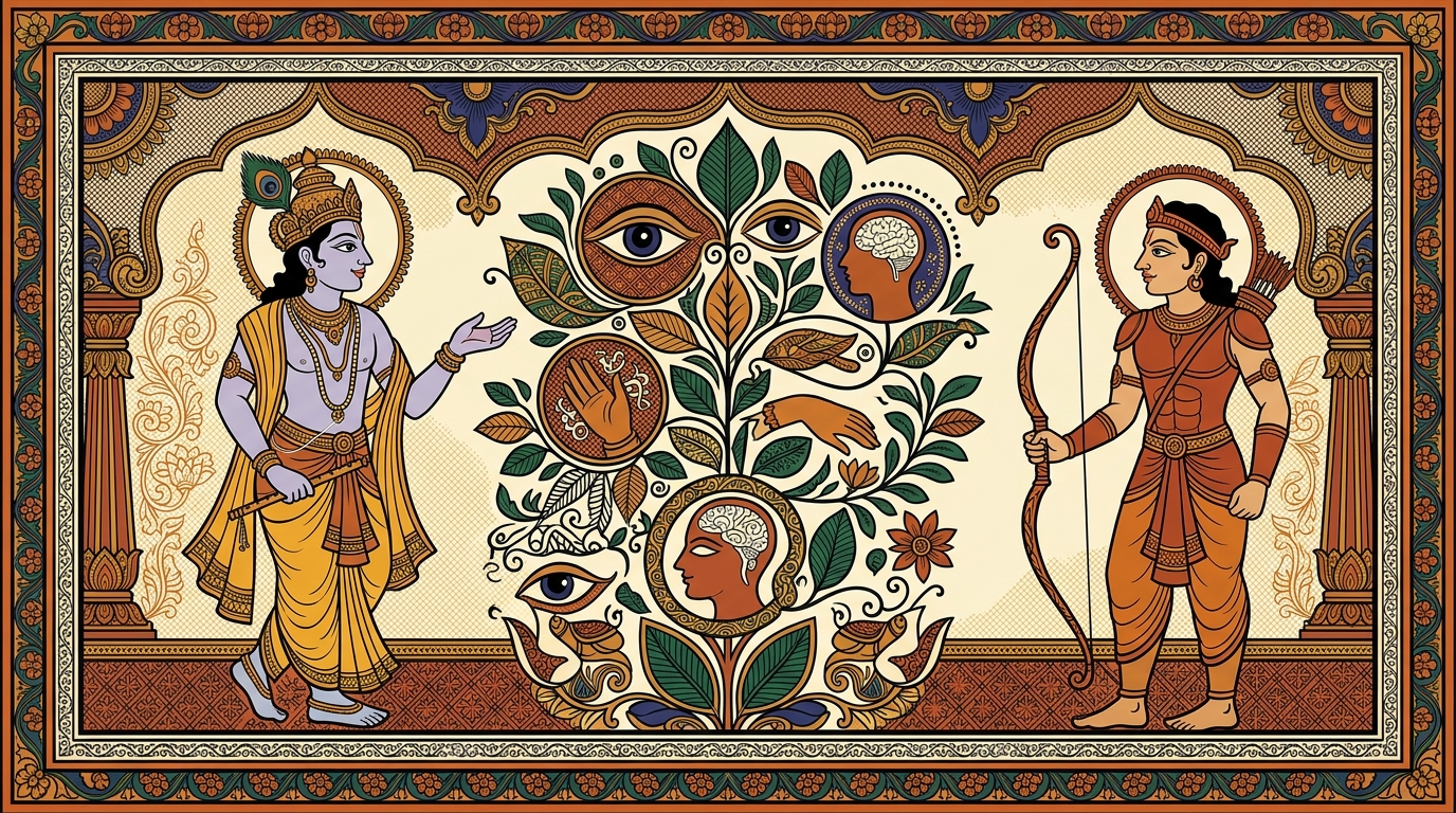 Pattachitra-style painting of a potter named Devadatta on the outskirts of Varanasi working his wheel, seeing that nature acts upon nature while the self simply watches.