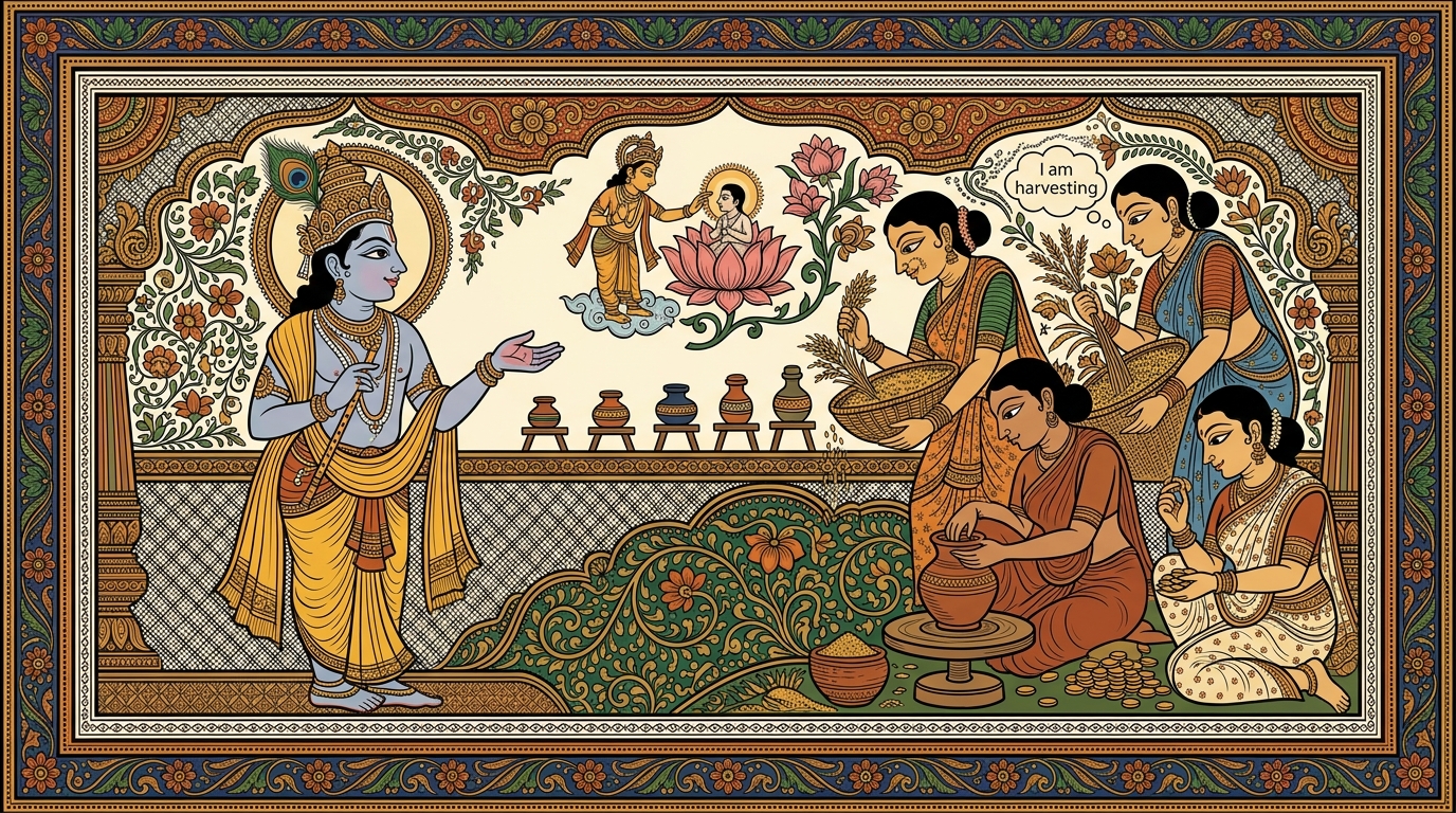 Pattachitra-style painting of a royal physician named Dhaumya carefully dispensing medicine in small doses, illustrating Krishna's teaching not to shake confused beginners with truths they cannot yet bear.