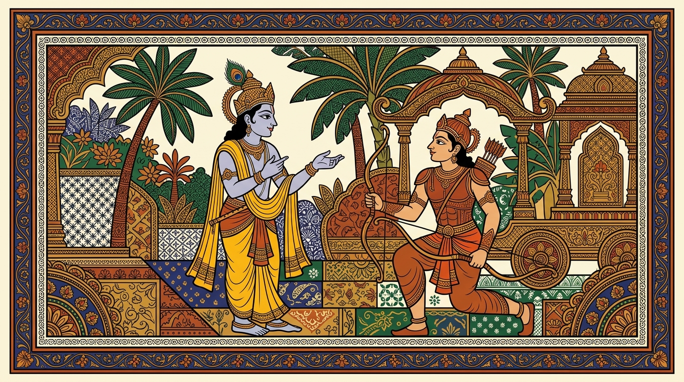 Pattachitra-style painting of Krishna's voice and expression changing as he commands Arjuna to surrender every action to him, let go of desire, and fight without grief or ego.