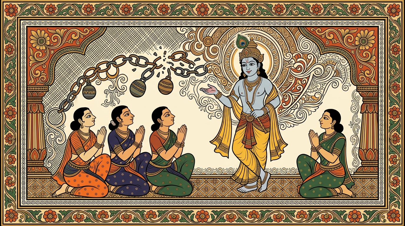 Pattachitra-style painting of a student's week transforming as she follows Krishna's teaching with genuine faith, illustrating the promise that faithful practice frees one from the chains of karma.