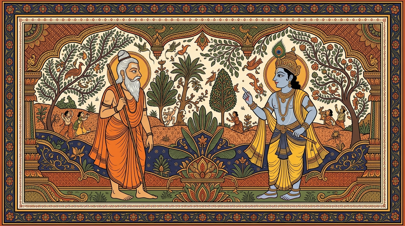 Pattachitra-style painting of a stubborn prince named Vikrama who rejected wise counsel out of pride, illustrating Krishna's warning that those who refuse this teaching out of envy lose their way.