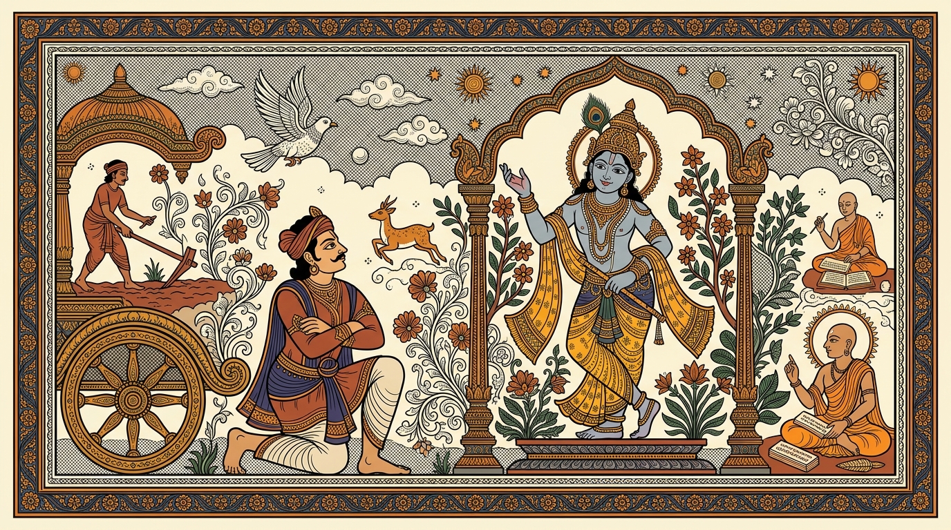 Pattachitra-style painting of a school talent show where a girl chooses to sing her own imperfect song instead of copying someone else's, illustrating that one's own duty done poorly is better than another's done perfectly.