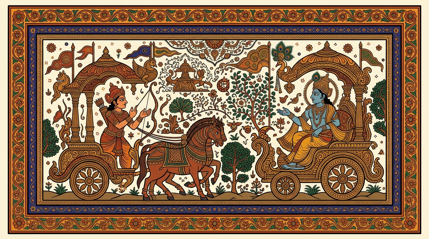 Pattachitra-style painting of Arjuna asking his most honest question — if doing right is so important, what invisible force pushes people toward wrong even against their will?