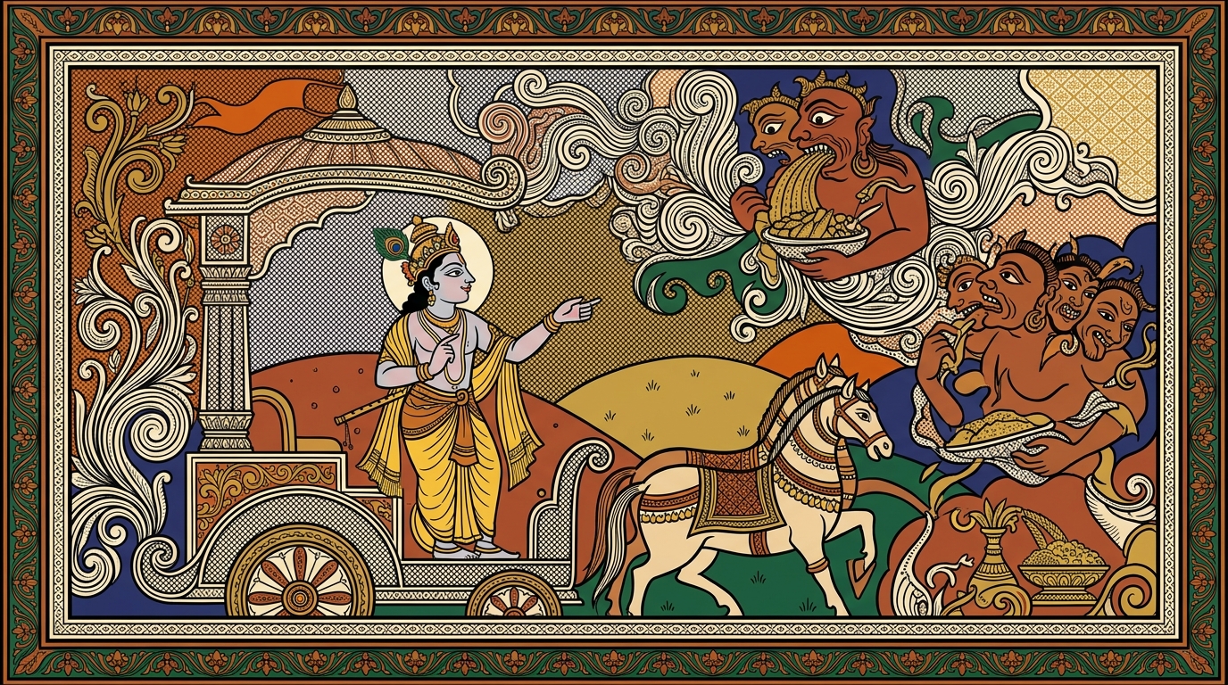 Pattachitra-style painting of Krishna naming the real enemy — desire and anger — as fierce forces born from restless energy that live inside every person, all-consuming and sinful.