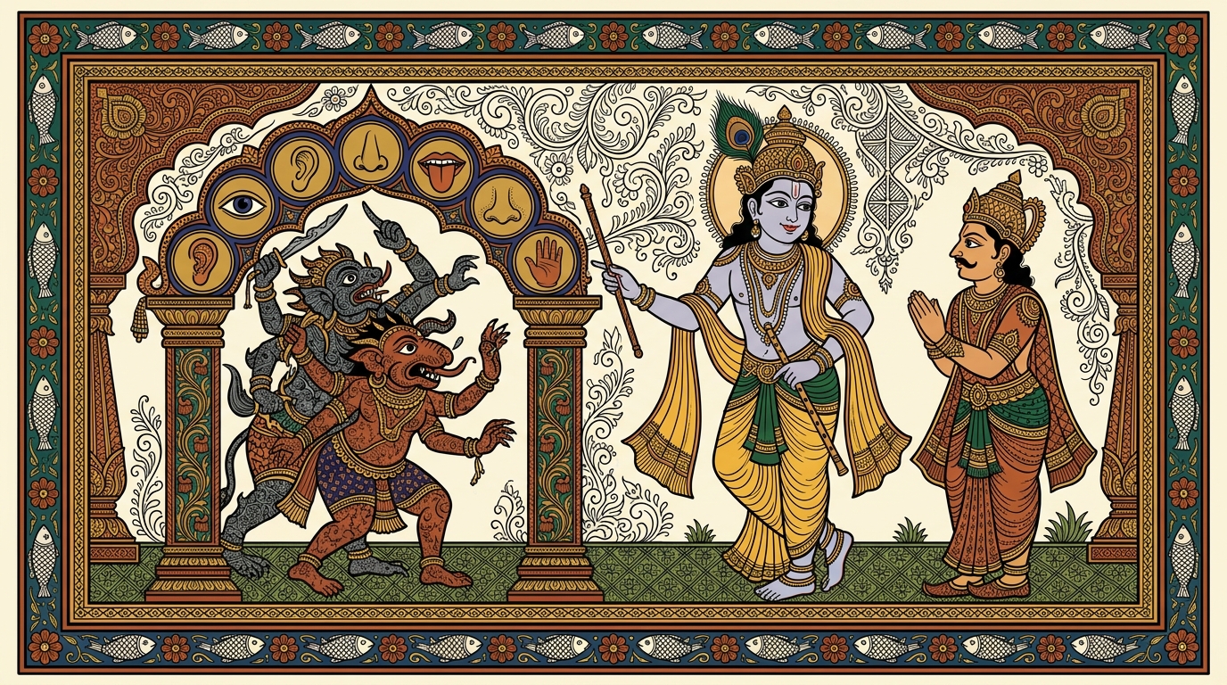 Pattachitra-style painting of a boy named Aarav pausing before grabbing a scuffed red cricket ball, illustrating Krishna's command to start by controlling the senses, the outermost gate.
