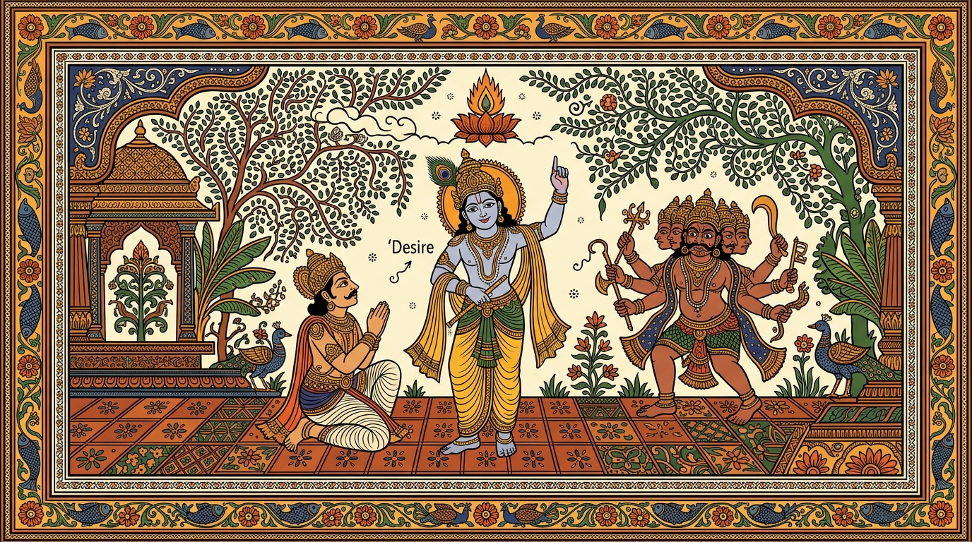 Pattachitra-style painting of the wind dying on the battlefield as Krishna speaks the last words of Karma Yoga — anchoring the mind in the highest self and conquering the enemy of desire.