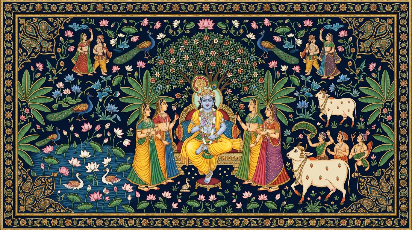 Pichwai-style painting of seven rishis sitting around a sacred fire deep in the Naimisha forest, worshipping the formless and imperishable, like music drifting from a room you cannot find.