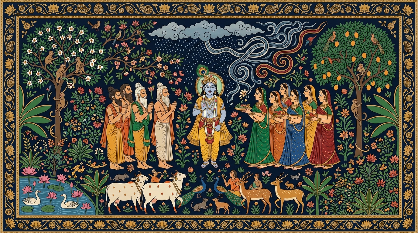 Pichwai-style painting of a girl named Ira staring at her paint box, trying to paint the wind, illustrating the challenge of worshipping a God with no form, colour, or shape.