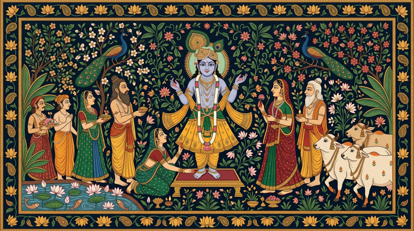 Pichwai-style painting of a boy sitting under a banyan tree for six days trying to reach the formless divine, illustrating Krishna's gentle warning that the path of the formless is much harder for beings in bodies.