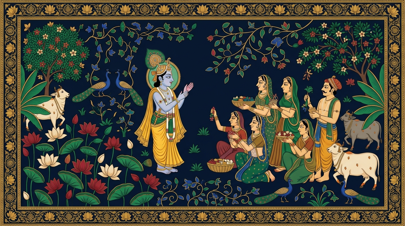 Pichwai-style painting of a boy named Ravi unable to sleep, lighting a small lamp before dawn and surrendering his actions to God, illustrating single-minded devotion as the way to worship.