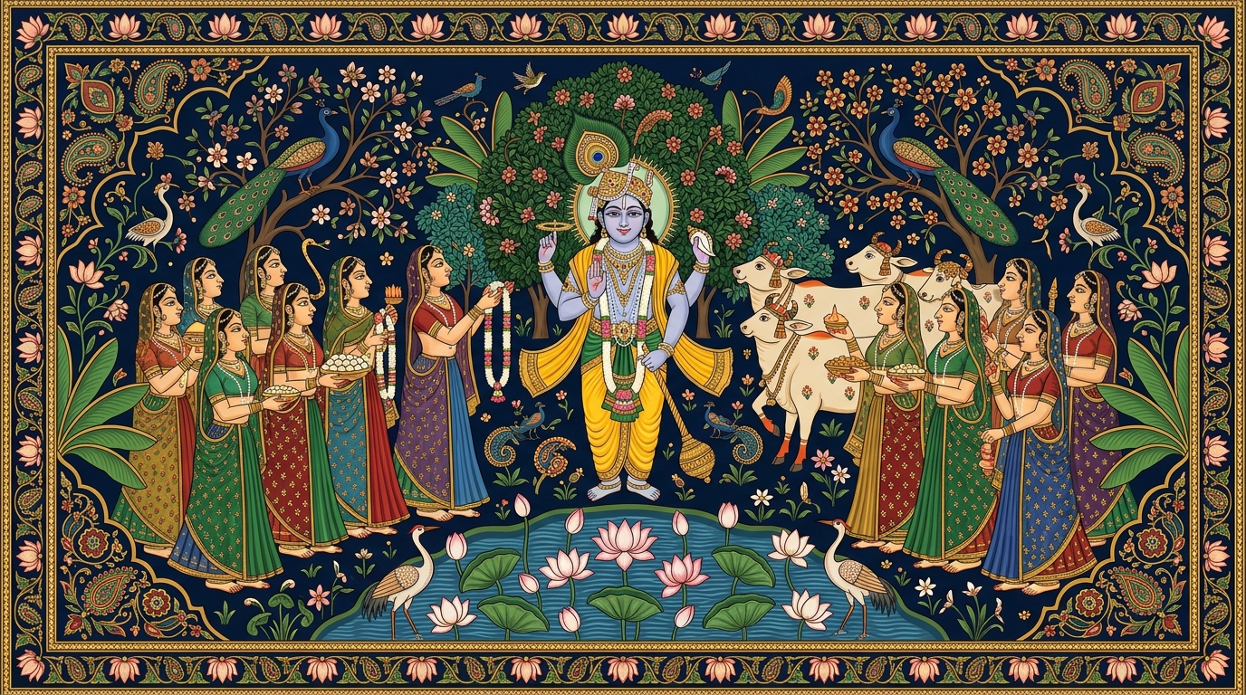 Pichwai-style painting of an old harmonium with worn keys being played with devoted attention, illustrating Krishna's instruction to fix the mind on him alone and let understanding rest in him.