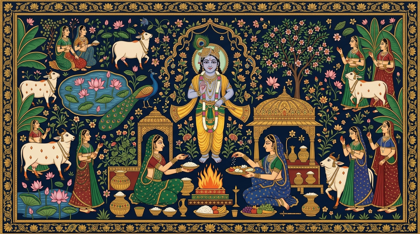 Pichwai-style painting of a grandmother with aching knees preparing food offerings in her kitchen as her daily worship, illustrating Krishna's teaching that simply dedicating your everyday work to God leads to perfection.