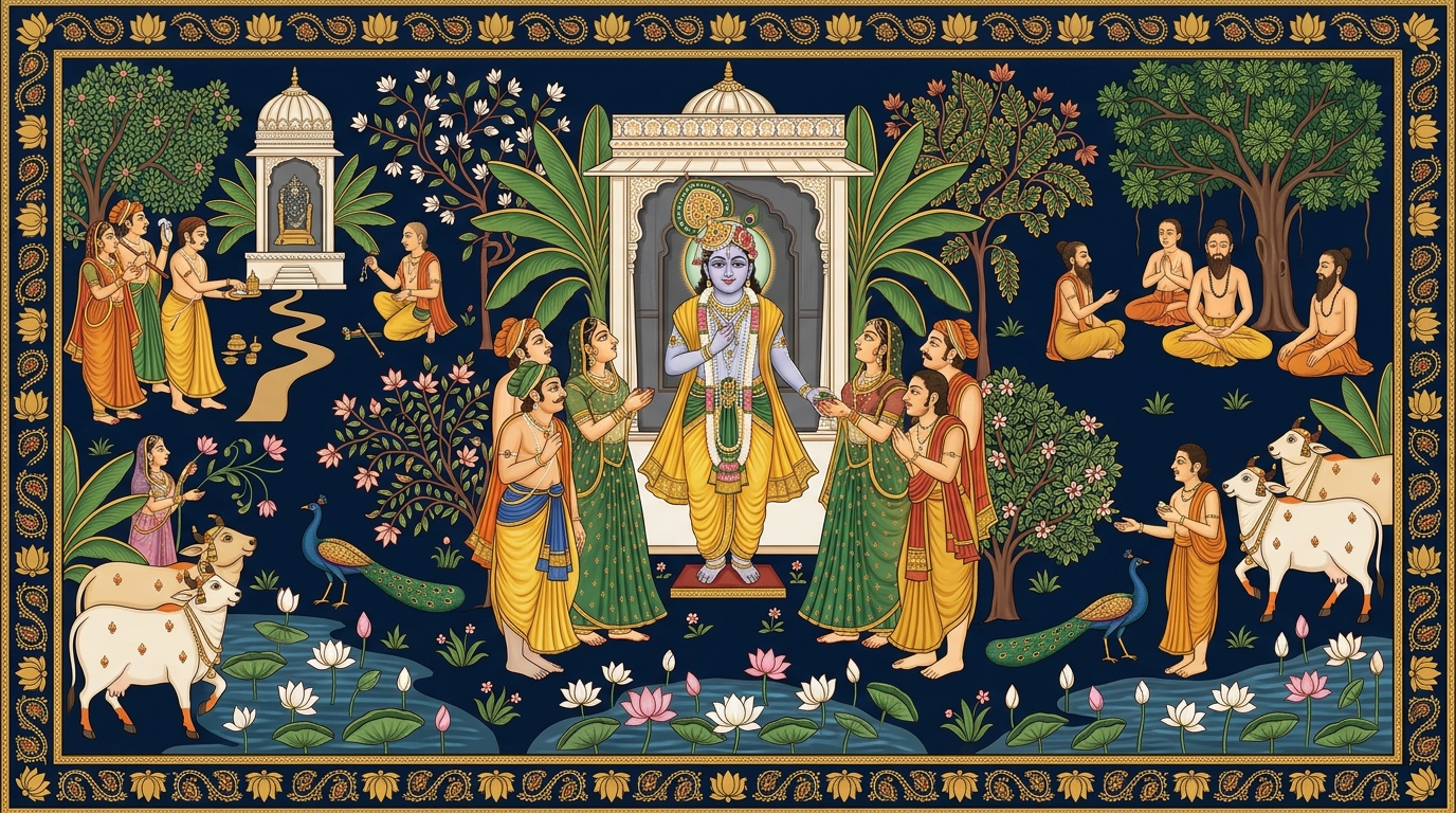 Pichwai-style painting of a boy at the cricket crease calmly playing each ball as it comes without watching the scoreboard, illustrating that giving up attachment to results brings immediate peace.