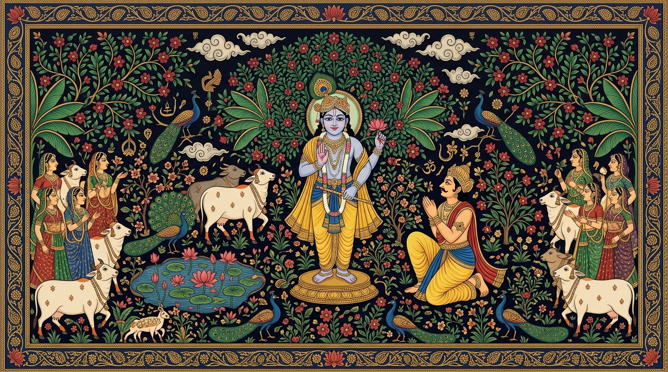 Pichwai-style painting of a girl named Meera arriving at a new school wearing a bindi, always content and steady, illustrating the devotee who is self-controlled, firm in resolve, and has offered mind and heart to God.