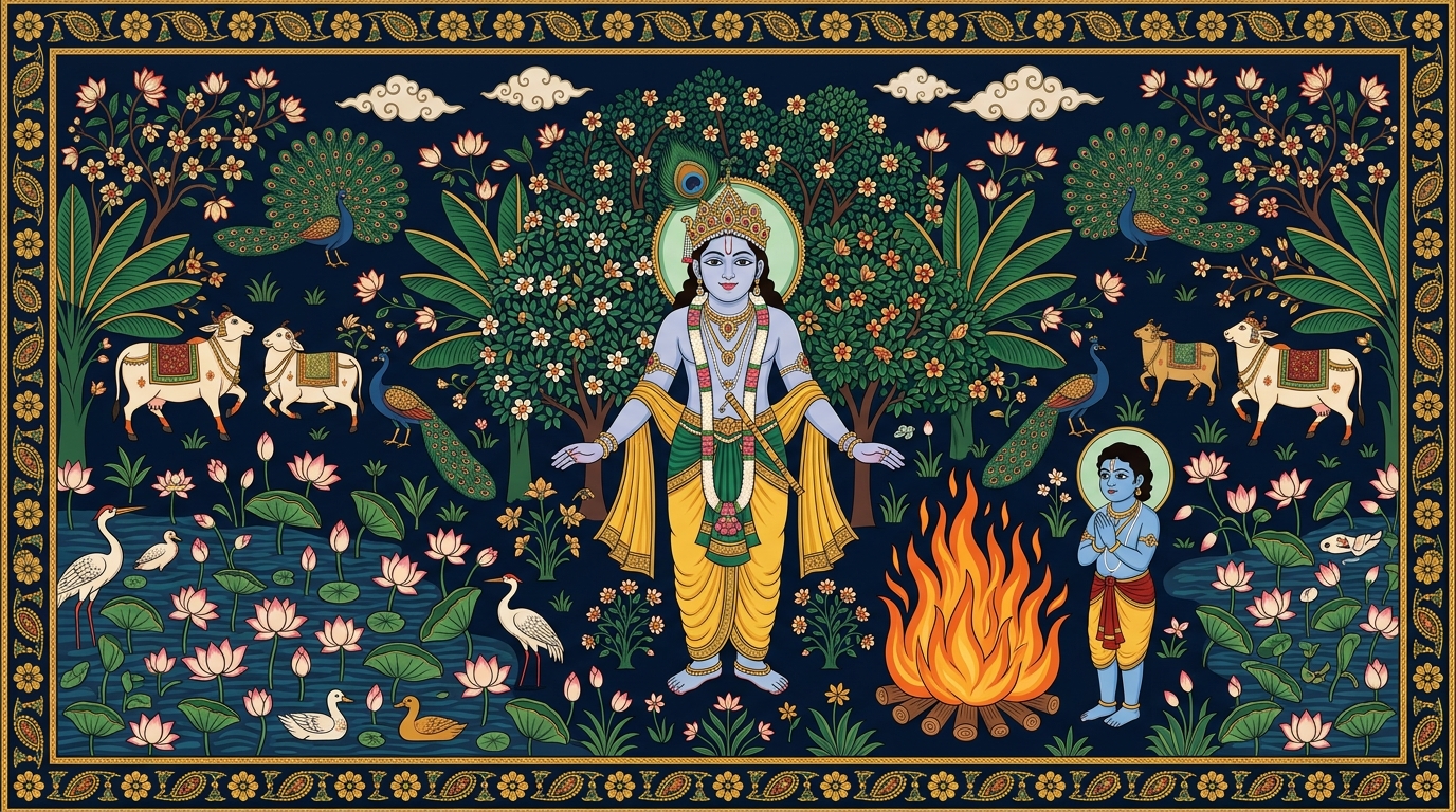 Pichwai-style painting of the boy Prahlada sitting calmly in flames that cannot touch him, illustrating the devotee who neither rejoices wildly nor grieves, letting go of both good and bad fortune.
