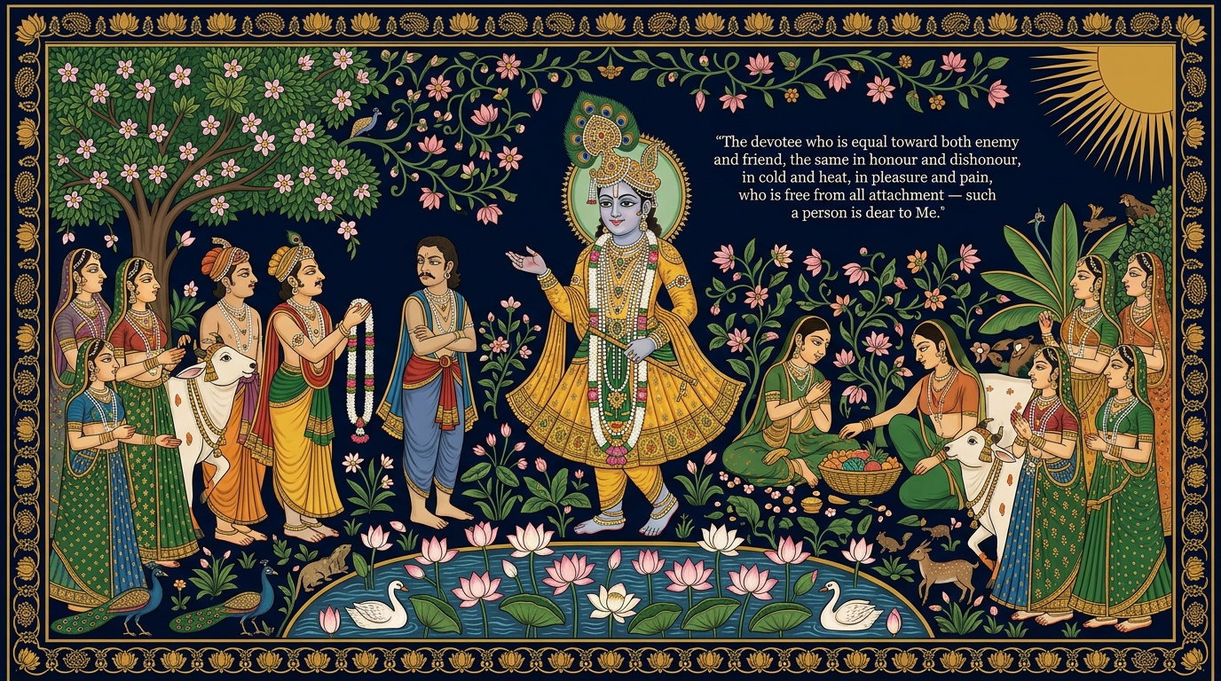 Pichwai-style painting of a boy sitting peacefully on the cricket boundary after a match, equal toward friend and opponent, illustrating the devotee who is the same in honour and dishonour.