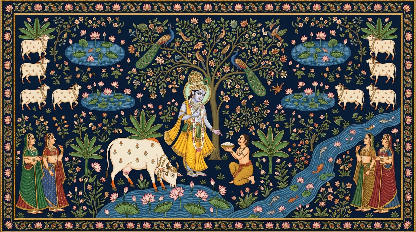 Pichwai-style painting of Sudama walking the long road to Dwaraka carrying a humble gift of beaten rice for Krishna, illustrating the devotee who is content with whatever comes and not attached to any home.