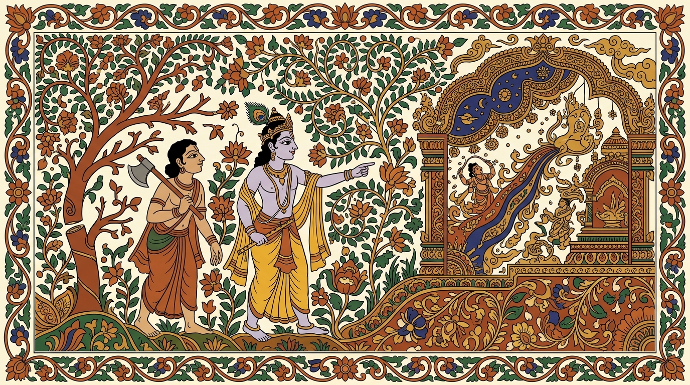 Kalamkari-style painting of the cosmic tree falling without a sound, revealing a clearing of brilliant light beyond — the supreme place from which no one returns to the cycle of birth and death.