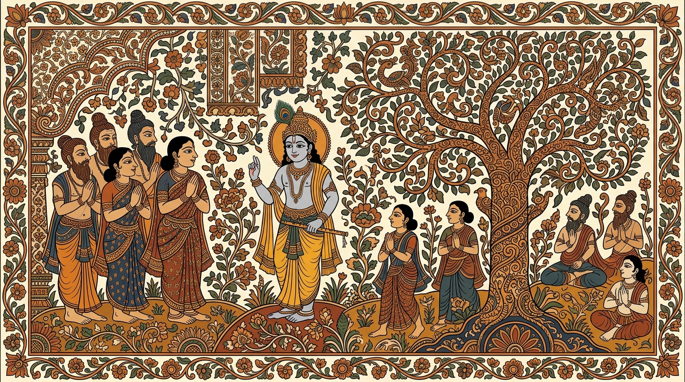Kalamkari-style painting of a house smelling of cardboard and old rose water as a grandmother's belongings are packed away, illustrating freedom from pride, confusion, and attachment.