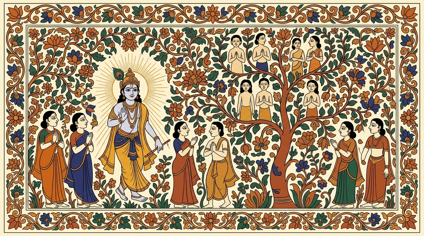 Kalamkari-style painting of a radiant light shining without any sun, moon, or lamp, illuminating itself from within — illustrating Krishna's supreme abode that needs no external light.