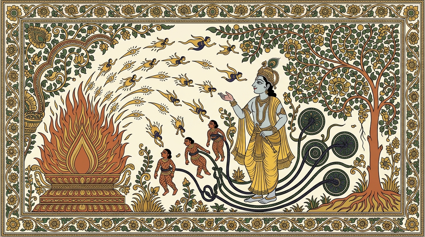 Kalamkari-style painting of a girl named Meera finding a mirror shard in the garden mud that reflects the entire sky, illustrating how every living being is an eternal fragment of Krishna.