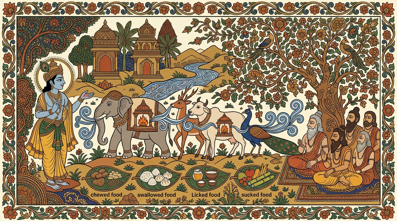Kalamkari-style painting of a kitchen filled with the smell of tamarind and roasting cumin, illustrating Krishna as the sacred digestive fire burning inside every creature's body.
