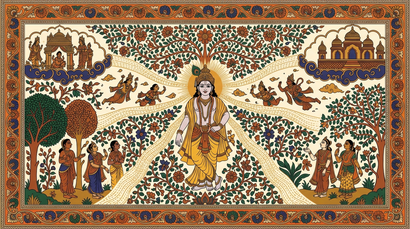 Kalamkari-style painting of the battlefield falling into a different kind of silence as Krishna reveals the Supreme Person — Paramatma — who enters all three worlds and sustains them like a lamp lighting every room.