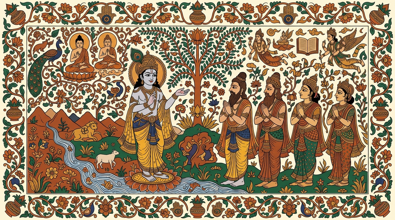 Kalamkari-style painting of Arjuna recalling the many names he has called Krishna, as Krishna reveals his truest title — Purushottama, the Supreme Person, beyond both the perishable and imperishable.
